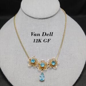 Vintage Van Dell 12K GF Turquoise Rhinestone Flower Necklace 16.5”